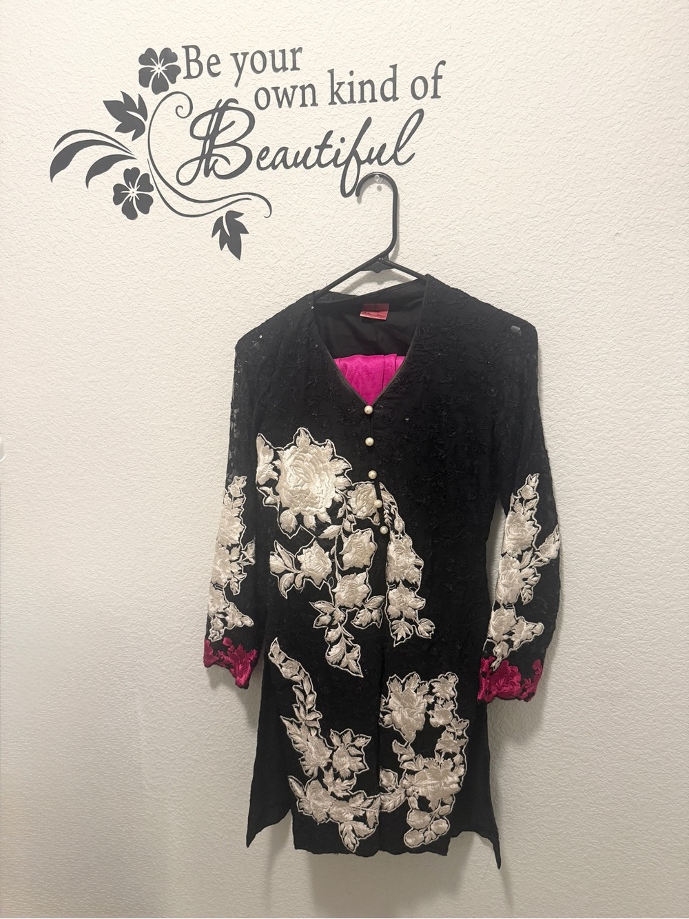 Black Embroidered 3- piece Party wear with Pink Accents